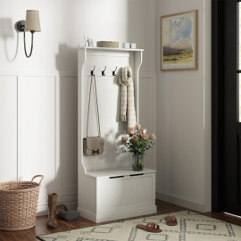 Salis porte manteau banc rangement avec crochets blanc