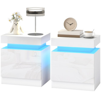 Arenne Table de chevet LED 2 tiroirs design moderne Blanc laqué