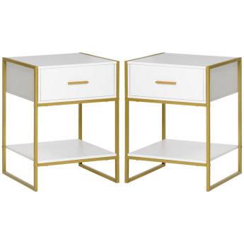 Tables de chevet Harena modernes avec tiroir et étagère Blanc et Or
