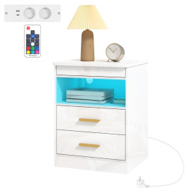 Table de chevet Jarrio LED charge USB rangement blanc laqué