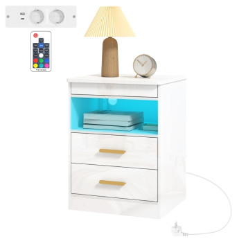 Table de chevet Jarrio LED charge USB rangement blanc laqué