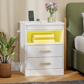 Table de chevet Jarrio LED charge USB rangement blanc laqué