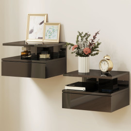 Deleras Tables de chevet flottantes modernes noir brillant