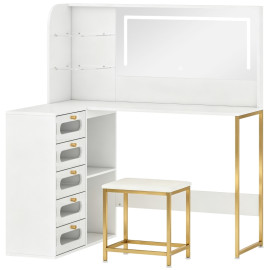 Coiffeuse Auroea miroir LED tabouret rangement blanc