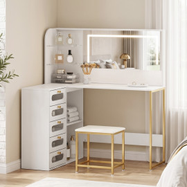 Coiffeuse Auroea miroir LED tabouret rangement blanc