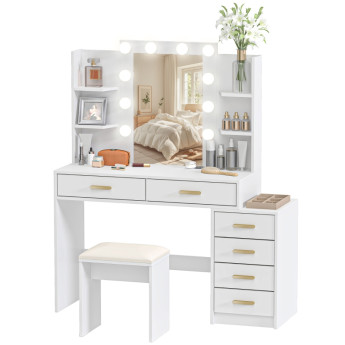 Coiffeuse Nalen miroir éclairé tabouret rembourré rangement blanc