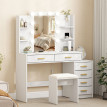 Coiffeuse Nalen miroir éclairé tabouret rembourré rangement blanc
