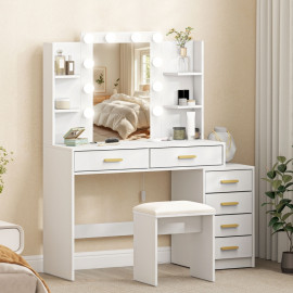 Coiffeuse Nalen miroir éclairé tabouret rembourré rangement blanc
