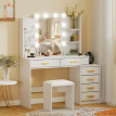 Coiffeuse Nalen miroir éclairé tabouret rembourré rangement blanc
