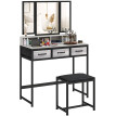 Coiffeuse Nalay miroir triptyque tabouret tiroirs gris