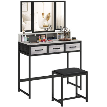 Coiffeuse Nalay miroir triptyque tabouret tiroirs gris