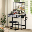 Coiffeuse Nalay miroir triptyque tabouret tiroirs gris