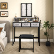 Coiffeuse Nalay miroir triptyque tabouret tiroirs gris