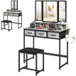Coiffeuse Nalay miroir triptyque tabouret tiroirs gris
