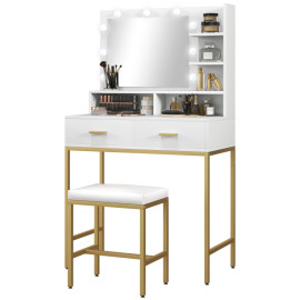 Coiffeuse Amrason LED Miroir 2 Tiroirs Étagères Tabouret Blanc