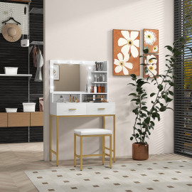 Coiffeuse Amrason LED Miroir 2 Tiroirs Étagères Tabouret Blanc