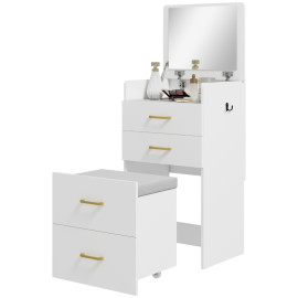 Coiffeuse Beler 3 en 1 miroir tabouret roulant rangement blanc