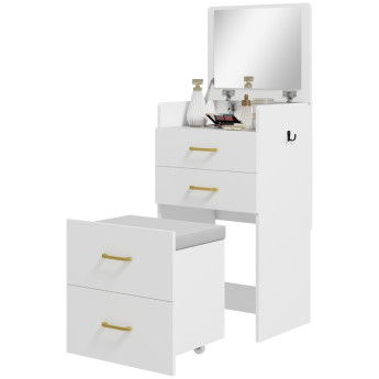 Coiffeuse Beler 3 en 1 miroir tabouret roulant rangement blanc