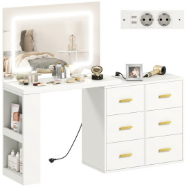 Coiffeuse Saloara miroir LED tiroirs prises blanc