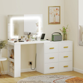 Coiffeuse Saloara miroir LED tiroirs prises blanc