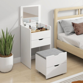 Galaier coiffeuse 3 en 1 miroir rabattable tabouret blanc