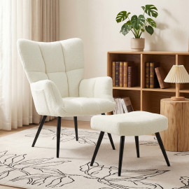 Fauteuil Rossetays avec repose pieds design bouclette crème noir