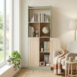 Bibliothèque Merisiie 5 niveaux 2 portes bois naturel vert