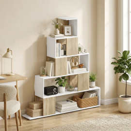 Bibliothèque Leertein étagère géométrique 5 niveaux blanc bois naturel
