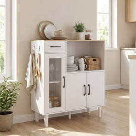Meuble micro-ondes Garaenin buffet rangement niche tiroir blanc chêne