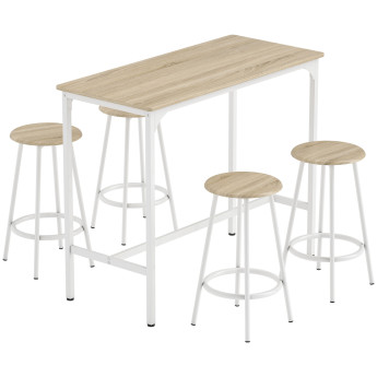 Quinorriet Table de bar 4 tabourets métal blanc bois clair