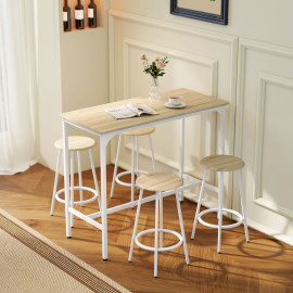 Quinorriet Table de bar 4 tabourets métal blanc bois clair