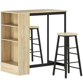Table de bar Anval avec 2 tabourets rangement acier noir chêne clair