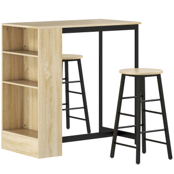 Table de bar Anval avec 2 tabourets rangement acier noir chêne clair