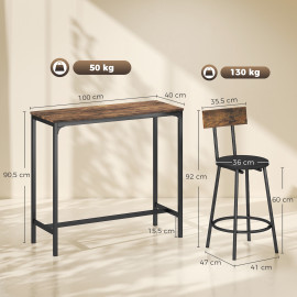 Berrilac Ensemble table de bar 2 chaises industrielles marron rustique noir