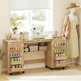 Vioès table de couture pliable roulettes rangement naturel
