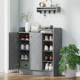 Armoire à chaussures Nelteone rangement entrée 2 portes 4 étagères gris bois