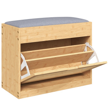 Banc à chaussures Arseel bambou rotin coussin intégré bois naturel gris