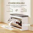 Banc à chaussures Daenès étagère coussin gris blanc