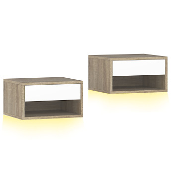 Lot de 2 chevets suspendus Cerorone LED tiroir niche blanc bois naturel