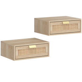 Lot de 2 tables de chevet murales Léyor rotin effet bois naturel chêne
