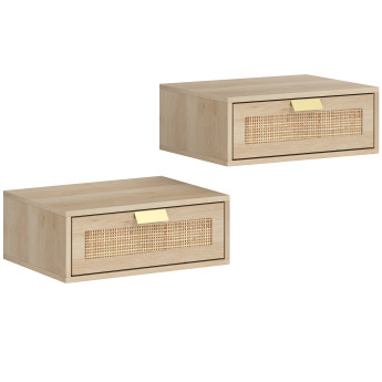 Lot de 2 tables de chevet murales Léyor rotin effet bois naturel chêne