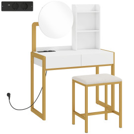 Coiffeuse Celin miroir tabouret station de charge métal blanc