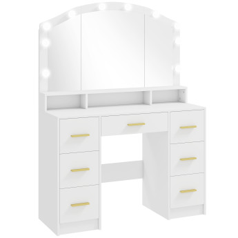Coiffeuse Galanou miroir Hollywood LED 7 tiroirs blanc