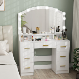 Coiffeuse Galanou miroir Hollywood LED 7 tiroirs blanc