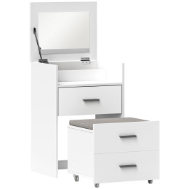 Coiffeuse Carroyane miroir relevable tabouret mobile blanc