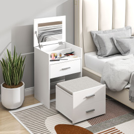 Coiffeuse Carroyane miroir relevable tabouret mobile blanc