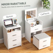 Coiffeuse Carroyane miroir relevable tabouret mobile blanc