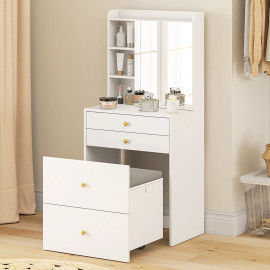 Coiffeuse Rosville avec miroir et tabouret de rangement blanc