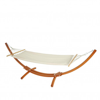 Hamac avec support HWC-J46 jusqu'à 200kg support en bois FSC-certifié 320cm ~ Marron, tissu creme-blanc