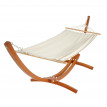 Hamac avec support HWC-J46 jusqu'à 200kg support en bois FSC-certifié 320cm ~ Marron, tissu creme-blanc